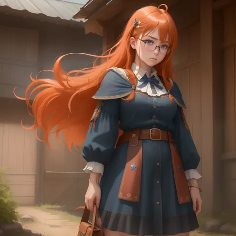 8k, masterpiece, best quality, realistic, higly detailed, cowboy shot, 1girl, solo, itsuki, serious looking girl, medium-length hair, expressive ahoge, reddish-orange hair, a pair of star-shaped hairpins near both of her eyes, dark blue eyes, average heigh...