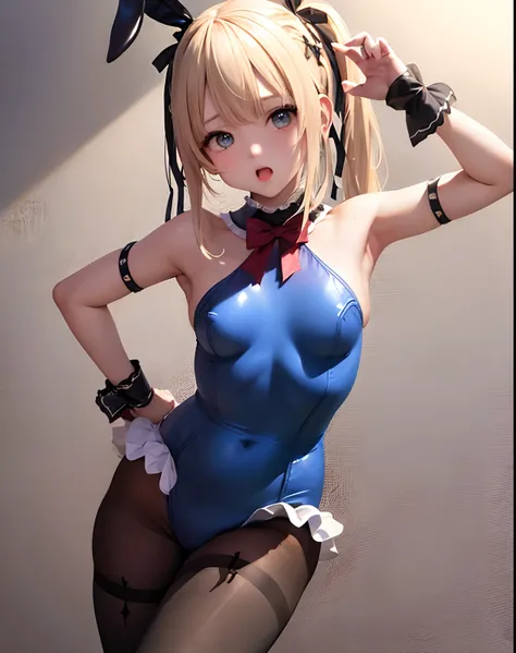 ​masterpiece、hiquality、1girl in、独奏、Marie Rose、cowboy  shot、embarassed expression、casino、((bunnygirl))、((Leotard))、((pantyhose))、Put one hand on your hip、(White cuffs)、