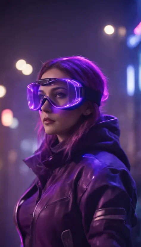 3D illustration of a frontal view of a cyberpunk girl in futuristic mask with goggles and filters in elegant purple EL wire jacket standing in a night scene with air pollution