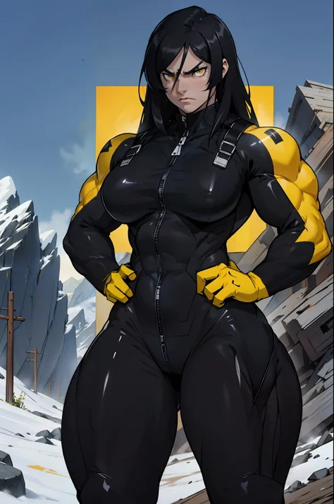 ((1 girl)), solo, black hair, extremely long hair, yellow eyes, (angry), pale skin, (((((((muscular))))))), ((thick thighs)), ((huge breasts)), ((((black body suit)))), (((wide hips))), mountain range background, (shiny skin)