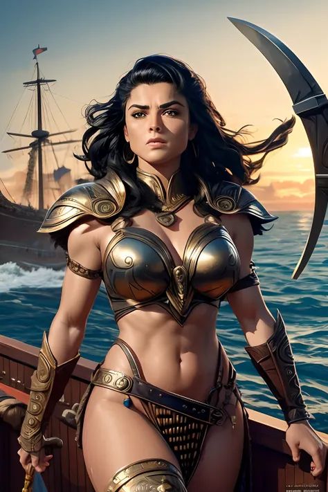 Arte inspirada John Buscema, Roman Praetorian Captain, Mulher branca, cabelos longos, ondulados, cabelos negros, voluptuosa, arrogante, armadura romana feminina de batalha, adaga em seu cinto, short sword in hand, on the deck of your ship, looking towards ...