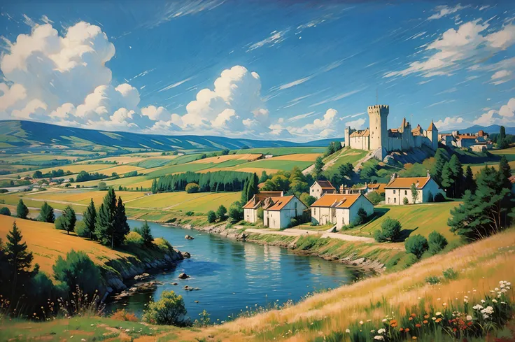 oil painting landscape, magical castle