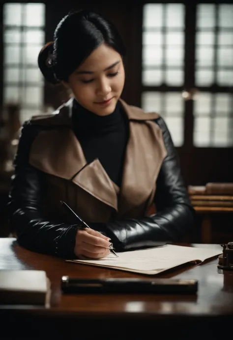 Wearing black leather gloves on both hands, Upper body, Black Leather Riders Jacket, Facing the desk in the study, Look down and smile, Use a fountain pen to write a letter, Black hair long straight, Young japanese lady (Black leather gloves cover both han...