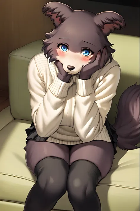 Juno, furry wolf girl, blue eyes, wearing white turtle neck sweater, short black skirt, black thigh high leggings, no shoes, exposed toes, blushing, looking content, laughing, hand to her face, by gudlmok99, by sleepiness18, good anatomy, high quality, sit...