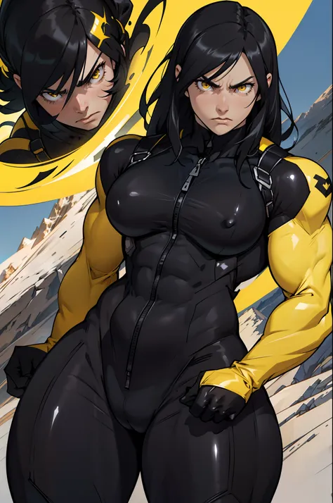 ((1 girl)), solo, black hair, extremely long hair, yellow eyes, (angry), pale skin, (((((((muscular))))))), ((thick thighs)), ((huge breasts)), ((((black body suit)))), (((wide hips))), mountain range background, (shiny skin), close up