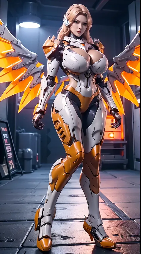 HUGE FAKE BOOBS, (BEAUTIFUL FACE, (ORANGE:1.2, WHITE:0.8, RGB:1), (CROP TOP MECHA ARMORED GEAR), (((A PAIR OF HUGE MECHANICAL WINGS SPREAD OUT))), FUTURISTIC DRAGON MECHA SUIT, (CLEAVAGE), (SKINTIGHT YOGA PANTS), (PERFECT BODY:1.2), (FULL BODY VIEW), FRONT...