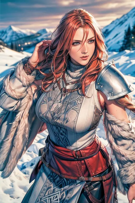 redhead beautiful viking, (viking:1.25), hunting, viking theme, snow, mountain, fierce look, dynamic poses, dynamic angle shot, from above, from front, flowing hair, perfect body, (((masterpiece))), ((best quality)), ((intricate detailed)), ((Hyperrealisti...