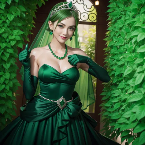 emerald tiara, Green Pearl Necklace, Boyish very short green hair, lipsticks, Japan woman smiling, very short short hair, fist, big breasts beautiful, Green eyes, Long green gloves made of satin material, Green eyes, Emerald Earrings, Thumbs up