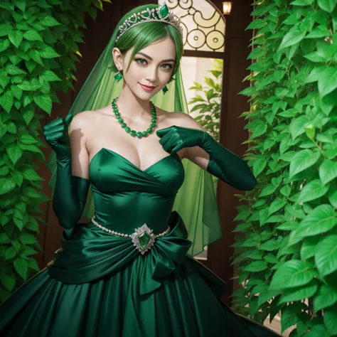 emerald tiara, Green Pearl Necklace, Boyish very short green hair, lipsticks, Japan woman smiling, very short short hair, fist, big breasts beautiful, Green eyes, Long green gloves made of satin material, Green eyes, Emerald Earrings, Thumbs up