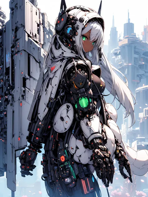 The most beautiful and sexy mecha warrior girl, platinum hair, green eyes, dark african skin, wearing a highly detailed futuristic hooded mecha battle armor, mechanical angel wings, huge enormously gigantic tits, cleavage showing, tons of tattoos and pierc...