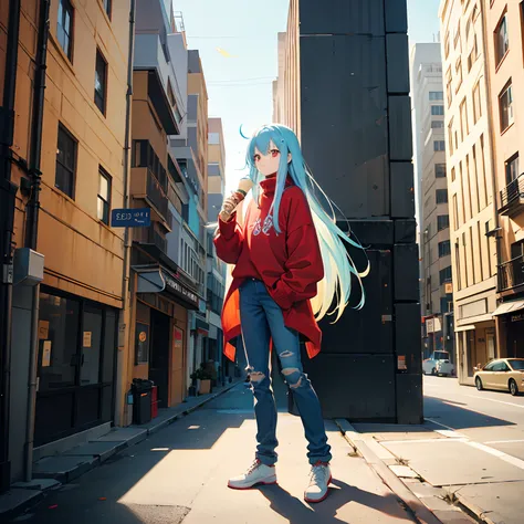 Long Hair, Yellow & Red Eyes, Light Blue Hair, small body, Wearing Sweater, Wearing Jean Pants, holding an ice cream, inside a building