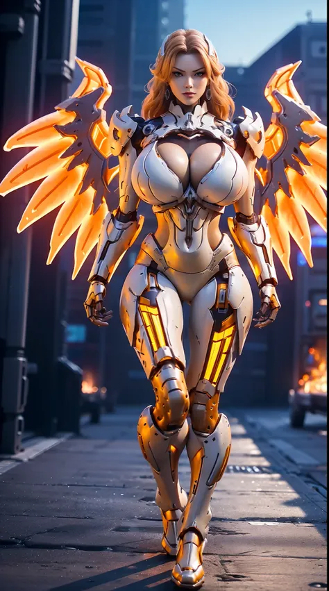 HUGE FAKE BOOBS, (BEAUTIFUL FACE, (ORANGE:1.2, WHITE:0.8, RGB:1), (CROP TOP MECHA ARMORED GEAR), (((A PAIR OF HUGE MECHANICAL WINGS SPREAD OUT))), FUTURISTIC DRAGON MECHA SUIT, (CLEAVAGE), (SKINTIGHT YOGA PANTS), (PERFECT BODY:1.2), (FULL BODY VIEW), FRONT...