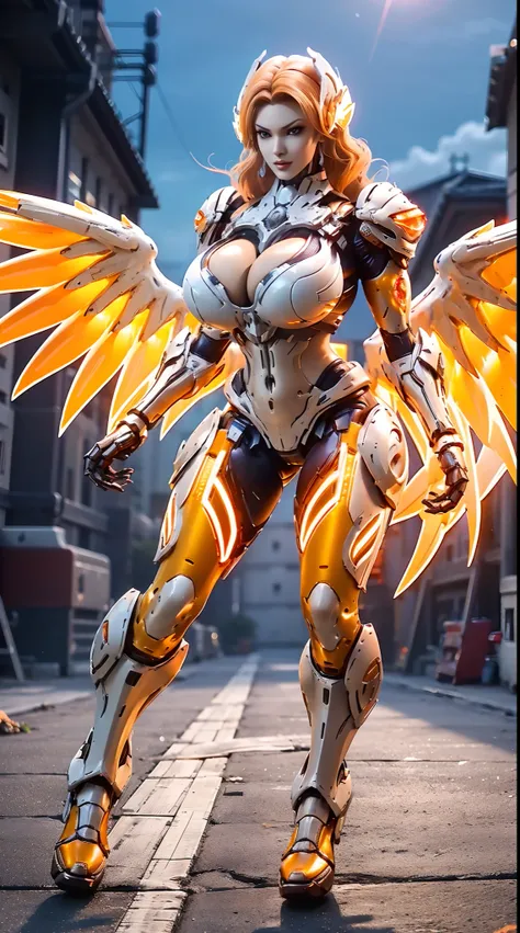 HUGE FAKE BOOBS, (BEAUTIFUL FACE, (ORANGE:1.2, WHITE:0.8, RGB:1), (CROP TOP MECHA ARMORED GEAR), (((A PAIR OF HUGE MECHANICAL WINGS SPREAD OUT))), FUTURISTIC DRAGON MECHA SUIT, (CLEAVAGE), (SKINTIGHT YOGA PANTS), (PERFECT BODY:1.2), (FULL BODY VIEW), FRONT...