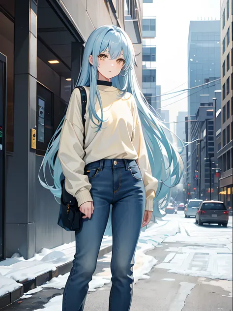 Long Hair, Yellow Eyes, Light Blue Hair, small body, Wearing Sweater, Wearing Jean Pants, inside a building, snowy background