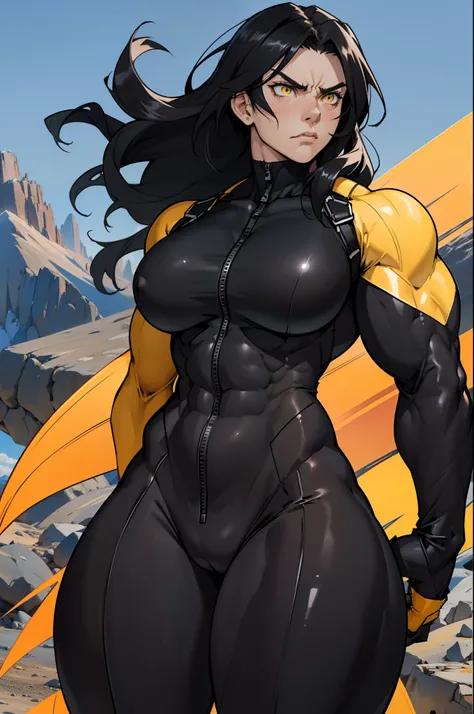 ((1 girl)), solo, black hair, extremely long hair, yellow eyes, (angry), pale skin, (((((((muscular))))))), ((thick thighs)), ((huge breasts)), (((black body suit))), (((wide hips))), mountain range background, (shiny skin), close up