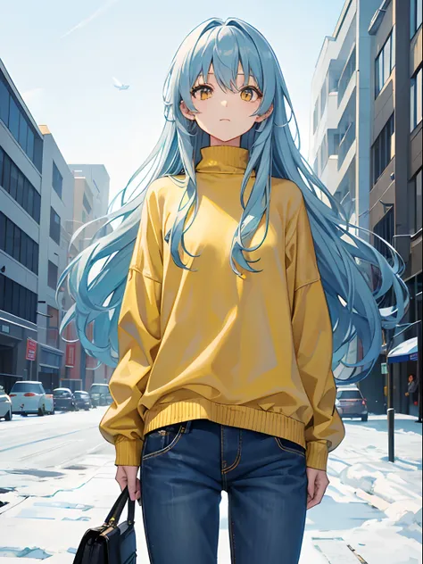 Long Hair, Yellow Eyes, Light Blue Hair, small body, Wearing Sweater, Wearing Jean Pants, inside a building, snowy background