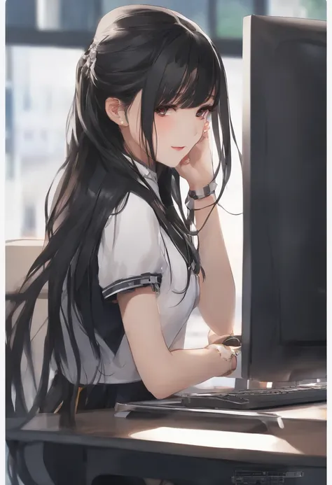 Long black hair high school girl sitting in front of computer、cool、Sharp eyes、Straight face、Facing the computer、Looking at a computer