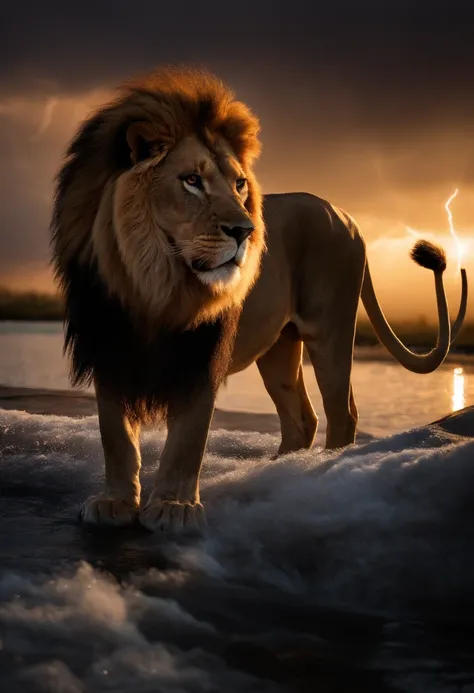 lion, roaring, surreal, tense, cold, highly detailed, sharp, professional, 8k UHD, movie, dark, violent, outdoor, river, battle, chase, dramatic, vivid, tense atmosphere, rendering, epic, twilight, HDR, album cover, blizzard, lightning, disaster