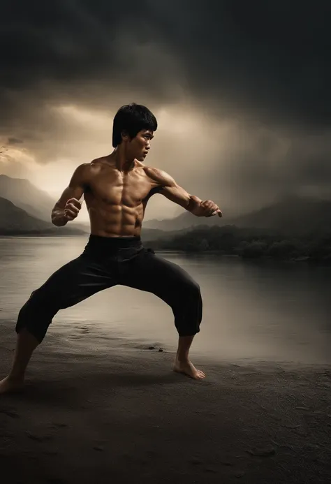 bruce lee, surreal, tense, cold, highly detailed, sharp, professional, 8k UHD, movie, dark, violent, outdoor, river, battle, chase, dramatic, vivid, tense atmosphere, rendering, epic, twilight, HDR, album cover, blizzard, lightning, disaster