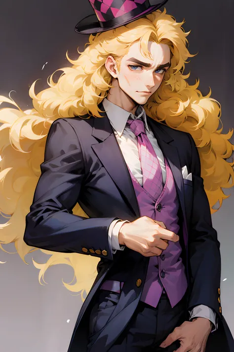 Speedwagon, solo, long hair, blonde hair, 1boy, male focus, necktie, scar, formal suit, checkered top hat