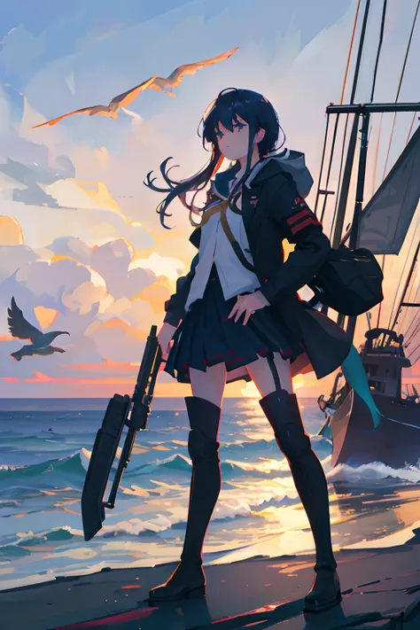 Wallpaper, War, Battle, Apocalypse, Survival, Guns, Female, Friends, Teenagers in School Uniform , Small Chest, Full Body, Jacket in random Color, Thigs, Stockings, Black Boots, on a Ship, Ocean with Birds in Background