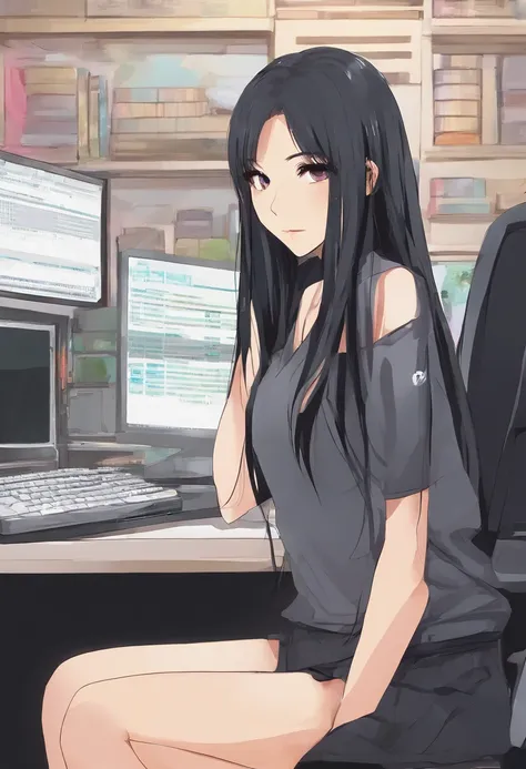 Long black hair high school girl sitting in front of computer、cool、Sharp eyes、Straight face、Facing the computer、Looking at a computer