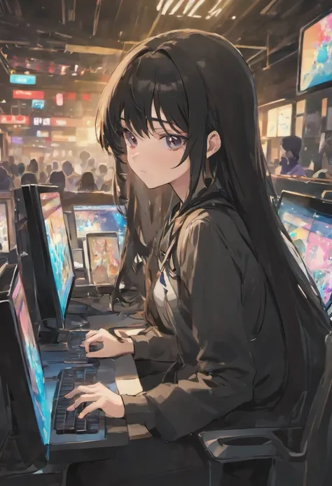 Long black hair high school girl sitting in front of computer、cool、Sharp eyes、Straight face、Facing the computer、Looking at a computer