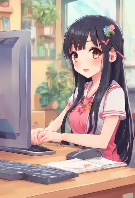 Long black hair high school girl sitting in front of computer、cool、Sharp eyes、Straight face、Facing the computer、Looking at a computer