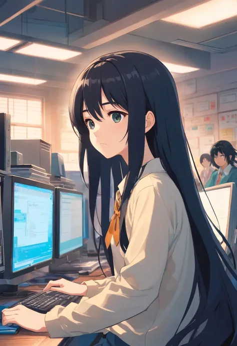 Long black hair high school girl sitting in front of computer、cool、Sharp eyes、Straight face、Facing the computer、Looking at a computer