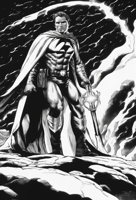 Heroi on his back with cape and a torch, lutando contra aranhas gigantes, preto e branco, estilho Frank Miller