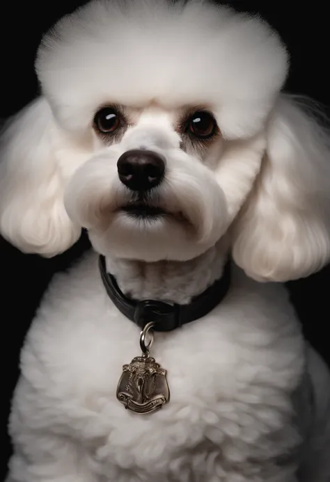 white poodle, small, ultra-realistic,  hd, dog in doctor uniform, black backdrop from studio, proffesional photography