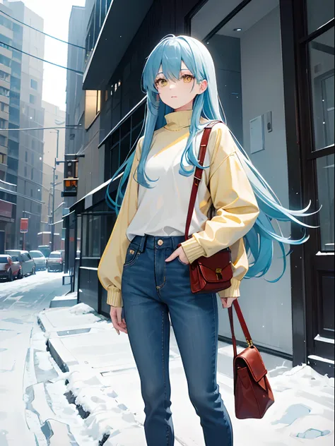 Long Hair, Yellow Eyes, Light Blue Hair, small body, Wearing Sweater, Wearing Jean Pants, inside a building, snowy background, crossbody bag