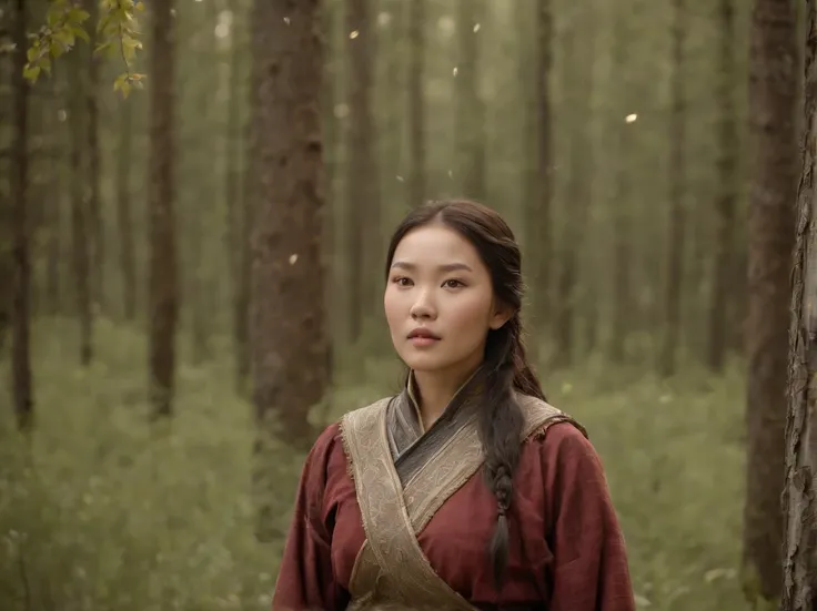 A beautiful 21-year-old Mongolian woman, ((Princesa Khutulun, el descendiente de Genghis Khan, viste ropa para la guerra, which is in the middle of a forest full of fireflies walking cautiously among the trees)), Primer plano del cuerpo desde abajo, Forest...