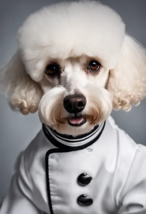 white poodle, small, ultra-realistic, HD, poodle in chef uniform, the black backdrop from the studio, professional photography, Cinematic, hdr, high quality