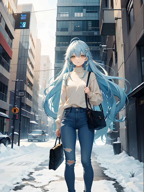 Long Hair, Yellow Eyes, Light Blue Hair, small body, Wearing Sweater, Wearing Jean Pants, inside a building, snowy background, one crossbody bag