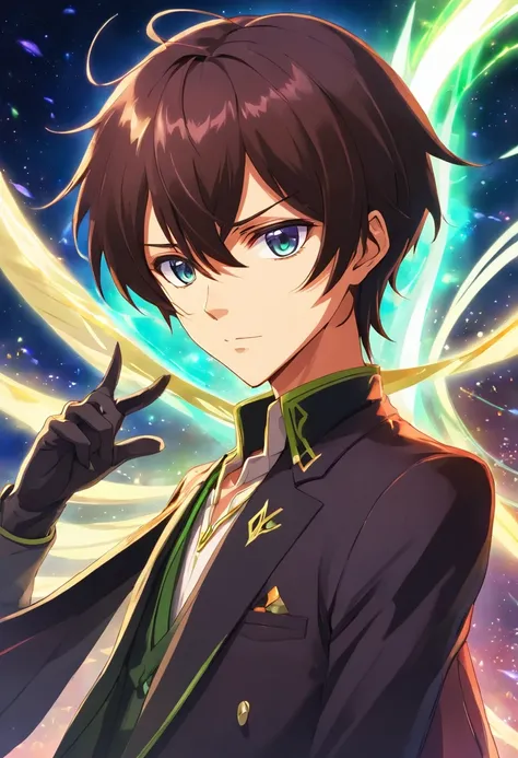 Lelouch Lamperouge, homem, cabelo medio acima do ombro, manga, anime, gotic, olhos vermelhos, olhar desafiador, futurista, magia negra, villain character, efeitos de luz