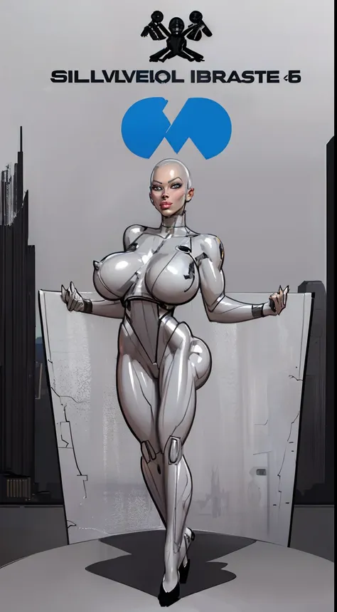 8k ((full body view:1.4)) (large eyes:1.3), defined cheekbones, 1woman, (the pit style:1.4)((woman has no face, ((sleek silver bodysuit:1.6)) (detailed face:1.5), silver skin,(puffy lips:1.5) (silver skin:1.6), (bald woman:1.7), (skinhead) ((stands confide...