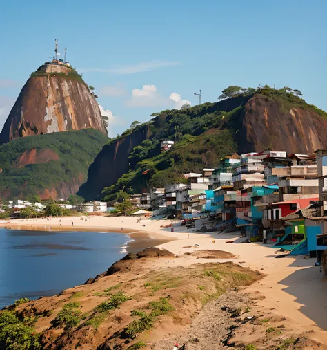 Mountains at the bottom of a beach and a body of water, rio de janeiro, rio de janeiro favela, Favelas no Rio, Location ( favela ), favela, Location ( favela _ PAREDE ), Rio de Janeiro em um filme de anime, favelas, inspired by Almada Negreiros, inspired b...