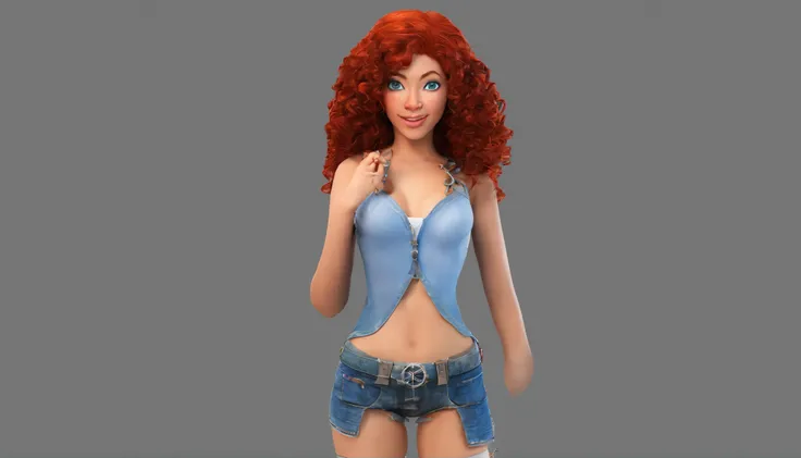 Girl, full body, 3d render, fotorealistic, red orange curly hair, very few freckles, green gray eyes, red almost crimson lips, small nose, black nose piercing, 1.73m tall, blue tight high jeans, naked torso, gothic choker, chain bra, no jacket