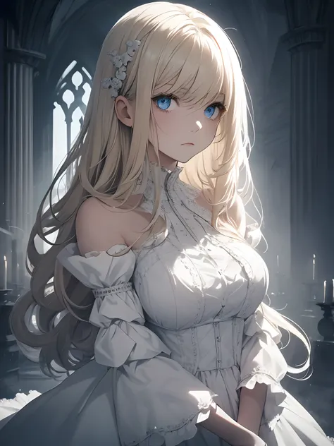 1 woman, white dress, melancholic and angelic look, dark and melancholic gothic atmosphere, giant blonde hair, blue eyes