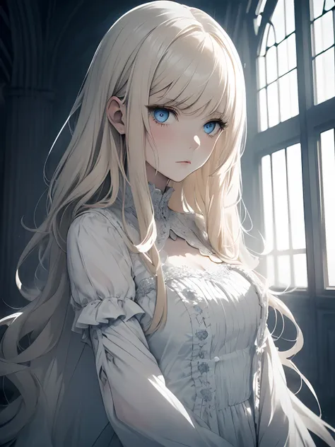 1 woman, white dress, melancholic and angelic look, dark and melancholic gothic atmosphere, giant blonde hair, blue eyes