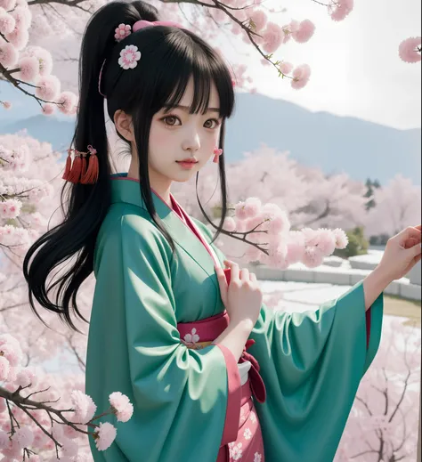 Anime girl with green tape around her mouth, nezuko-chan, Nezuko, in a kimono, in a kimono, by Shingei, Anime visuals of cute girls, anime moe art style, Haruno Sakura, demon slayer rui fanart, Girl with long hair, made with anime painter studio, harumi, A...