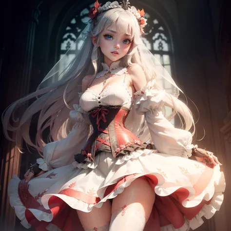 ((the Extremely Detailed CG Unity 8K Wallpapers)), masutepiece, Ultra-detailed, floating, High resolution, Sexually suggestive, (Petite, ridiculously long gray hair, Princess, White Devil Taoism, Blue eyes, (White and red see-through gorgeous mini layered ...