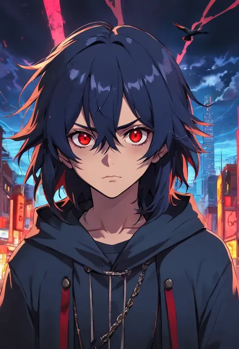 The Crow, man with messy long hair, alice cooper, hard rock, Rockstar, hood on the head, manga, anime, gothic, red eyes, defiant look, piercing nose ring, futuristic, black magic, villain character, light effects. Scenario is a show, lights and flashes