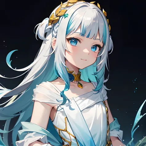 8K, masterpiece, absurdres, intricate details, best quality, gura_atlantis, gradient dress, laurel crown, character at the right side of the image, only shoulders and above, facing forward, slightly smiling, no background,