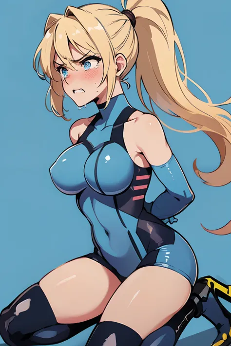 samus aran, ((kneeling)), gag, (((ponytail, hair tie, blue gloves, blue bodysuit, high heels))), blue eyes, portrait, facing camera, facing viewer, flat stomach, thin, skinny, slim, full body, ((best quality, masterpiece)), ((breasts, boobs)), ((arms behin...