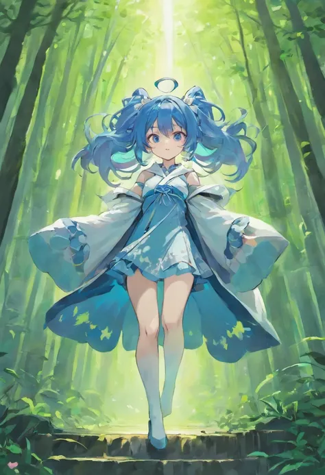 1girl, solo, looking at viewer, Blue long hair, wearing blue mage robe, wearing white stockings, big ass, blue eyes, full body, forest background, normal tits, pink lips, anime, best quality,diokonigsreuter