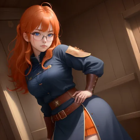 8k, masterpiece, best quality, realistic, higly detailed, cowboy shot, 1girl, solo, itsuki, serious looking girl, medium-length hair, expressive ahoge, reddish-orange hair, a pair of star-shaped hairpins near both of her eyes, dark blue eyes, average heigh...