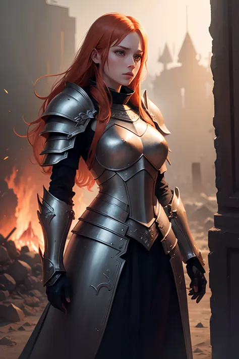 detailed illustration of ginger female divine paladin wearing full plate armor, heavily damaged armor, standing sad on a battlefield, battlefield on fire as background, dirt, misery and decadence, dark ambient, art by Mschiffer, tetradic colors,