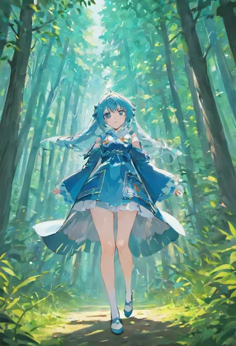 1girl, solo, looking at viewer, Blue long hair, wearing blue mage robe, wearing white stockings, big ass, blue eyes, full body, forest background, normal tits, pink lips, anime, tall, curvy, detailed, best quality, close up, full body, diokonigsreuter